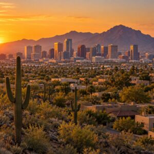 Phoenix skyline at sunset with saguaro cacti and desert homes