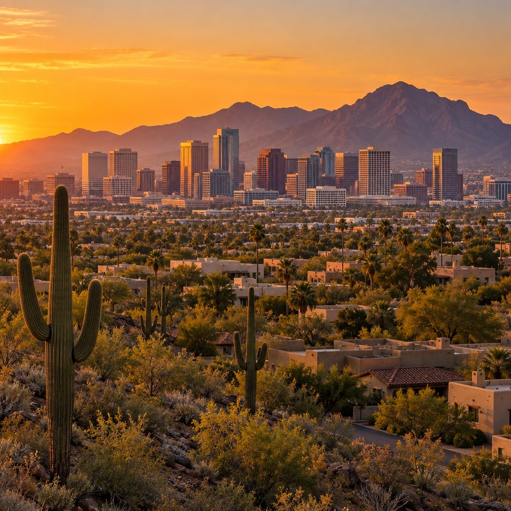 Phoenix skyline at sunset with saguaro cacti and desert homes
