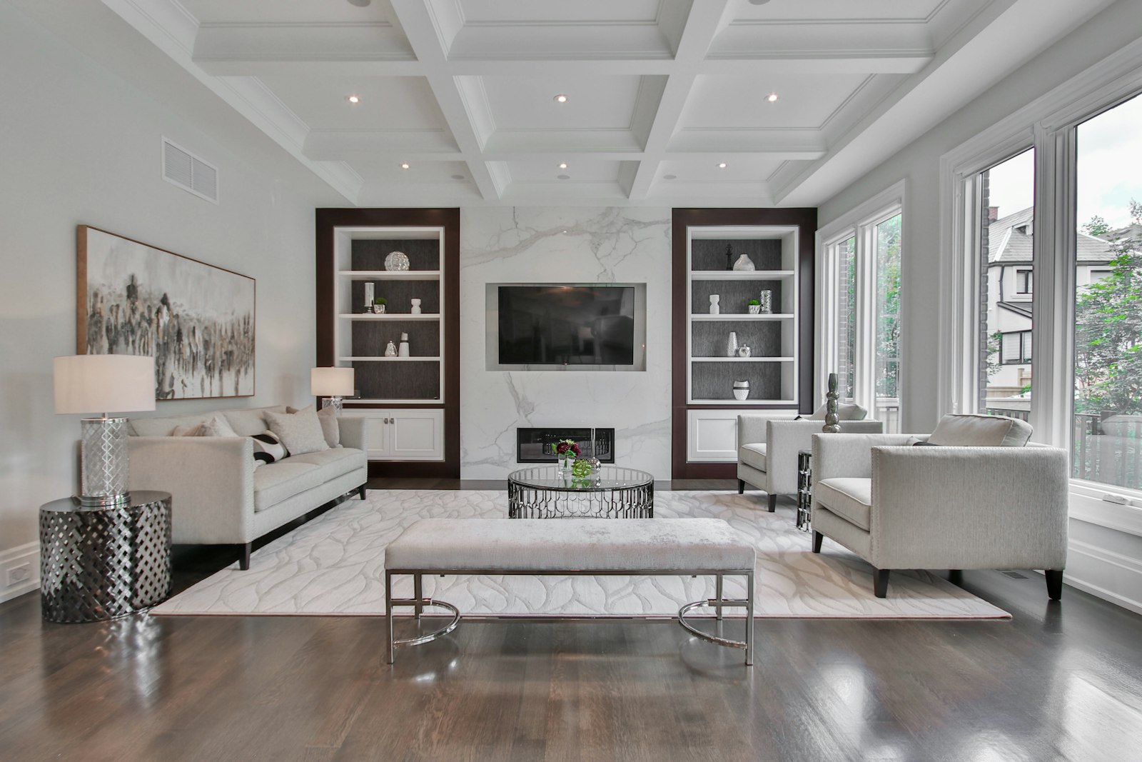 Elegant living room with marble fireplace